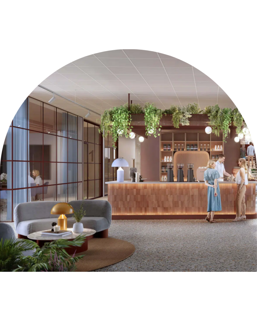 Bildet viser kaffebaren og resepsjonen som kommer i kontorprosjektet Vitaminen på Storo.