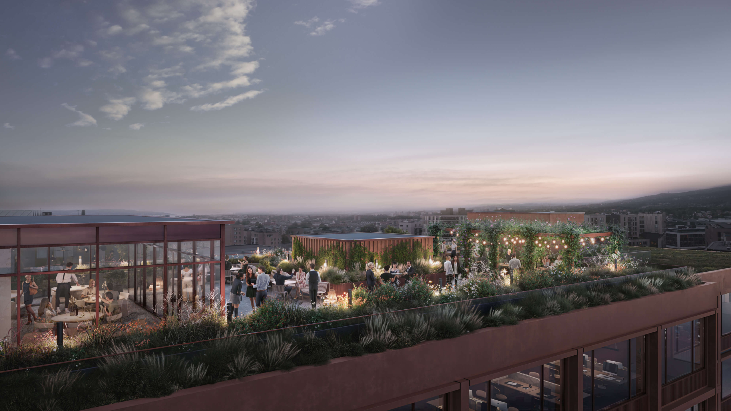 Bildet viser takterrassen som kommer i næringsprosjektet Vitaminen på Storo.