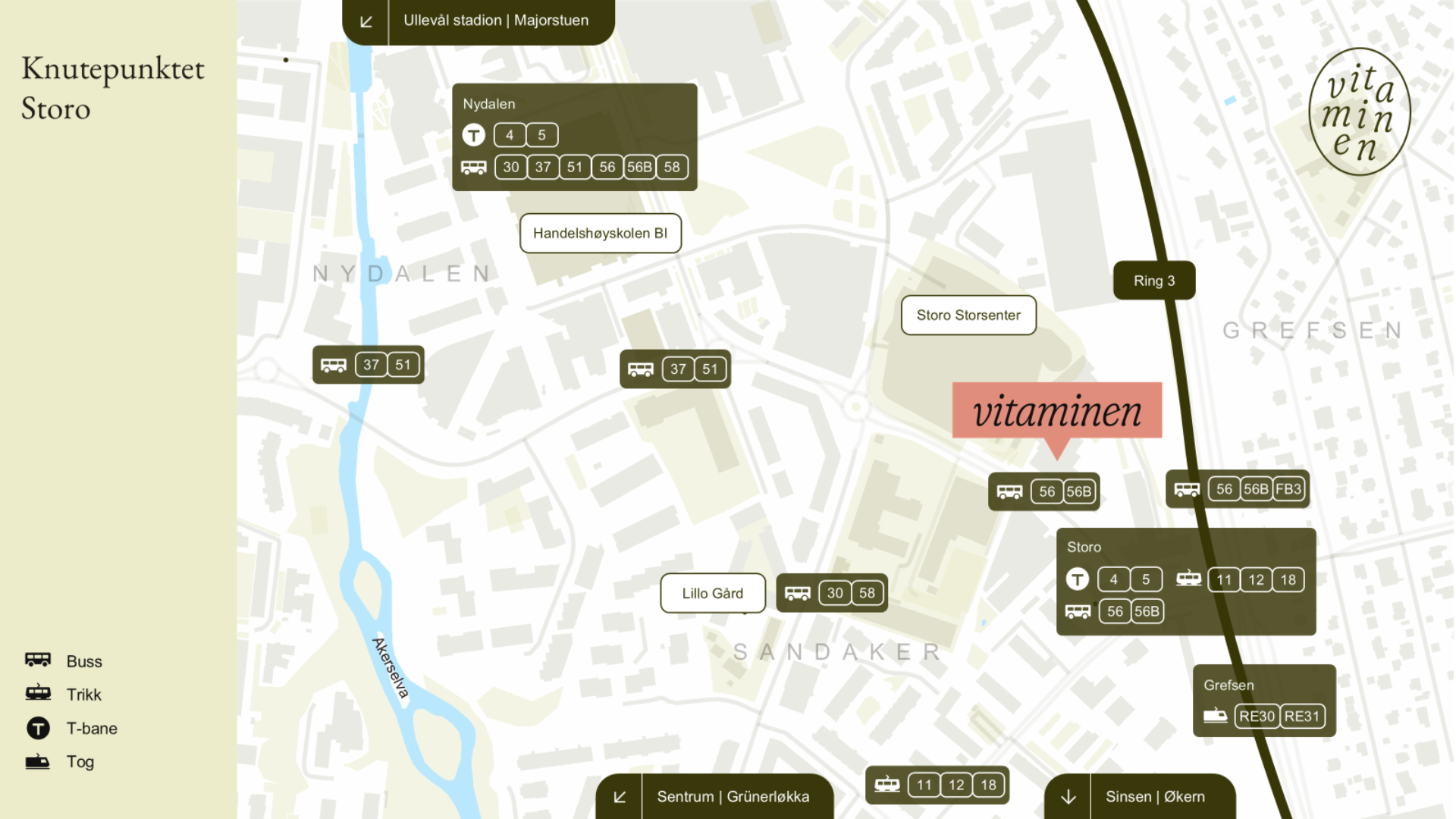 Illustrasjonen viser Vitaminen på Storo med nærliggende kollektivmuligheter som buss, t-bane, trikk og tog.