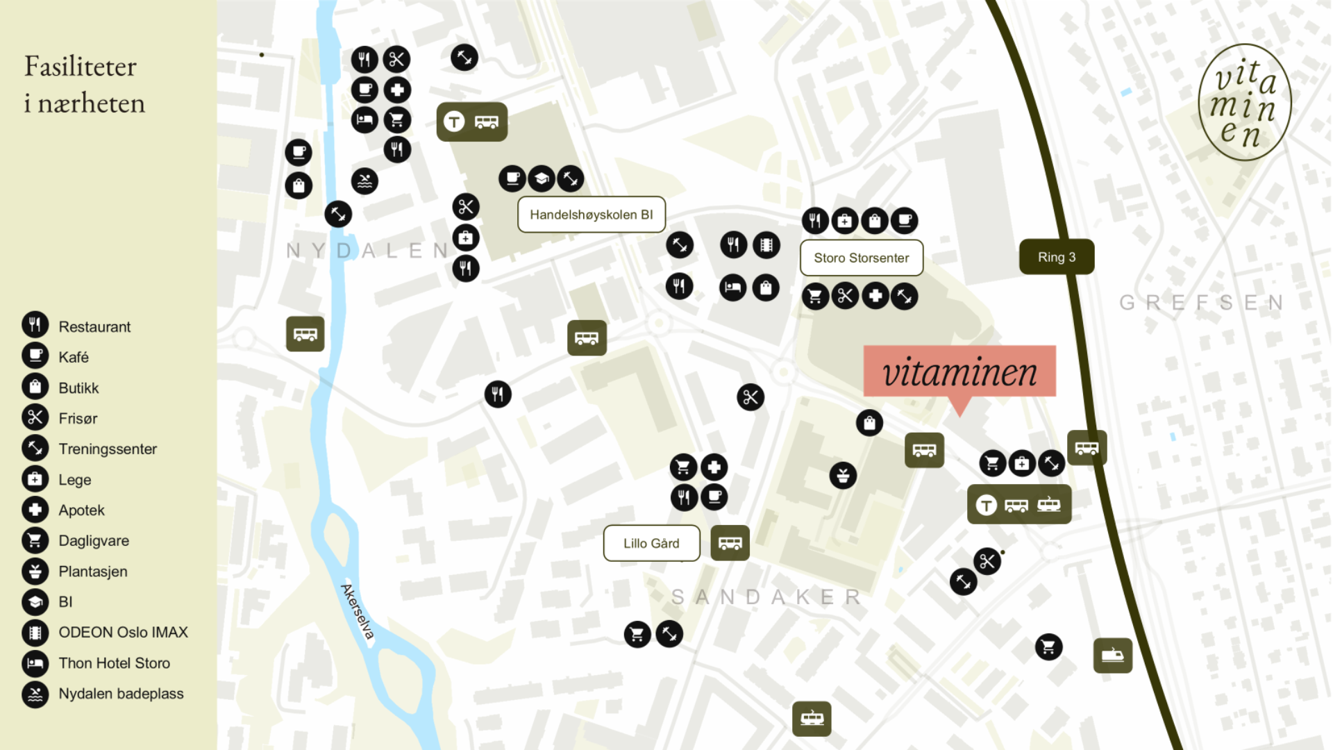Illustrasjonen viser Vitaminen på Storo med nærhet til fasiliteter som Storo storsenter, BI Nydalen, lege, apotek mm.